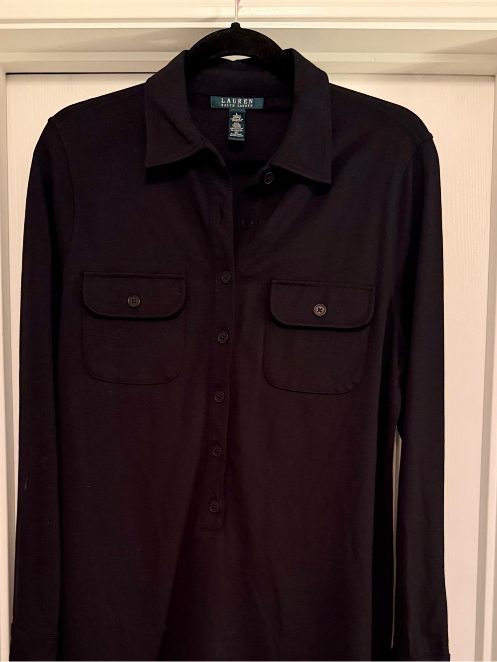 Lauren Ralph Lauren Black Long-Sleeve Button-Front Shirt Dress Size Large (GG27)